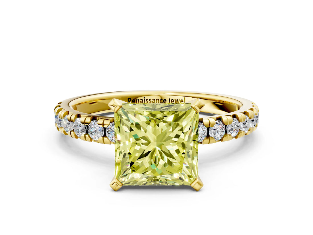 Yellow gold Fancy Yellow Princess Cut Diamond Solitaire Pavé Engagement Ring with Round Band and Prong Setting_72