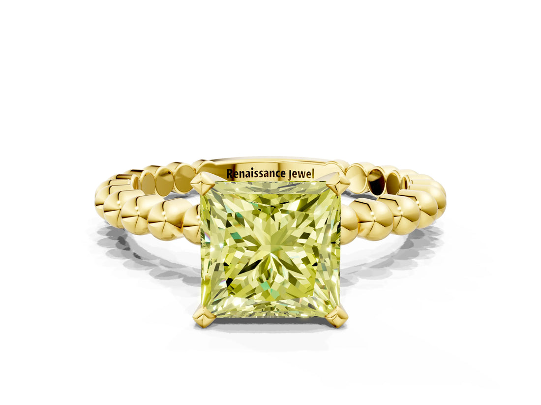 Yellow gold Fancy Yellow Princess Cut Diamond Solitaire Ring with Beaded Band and Prong Setting_23