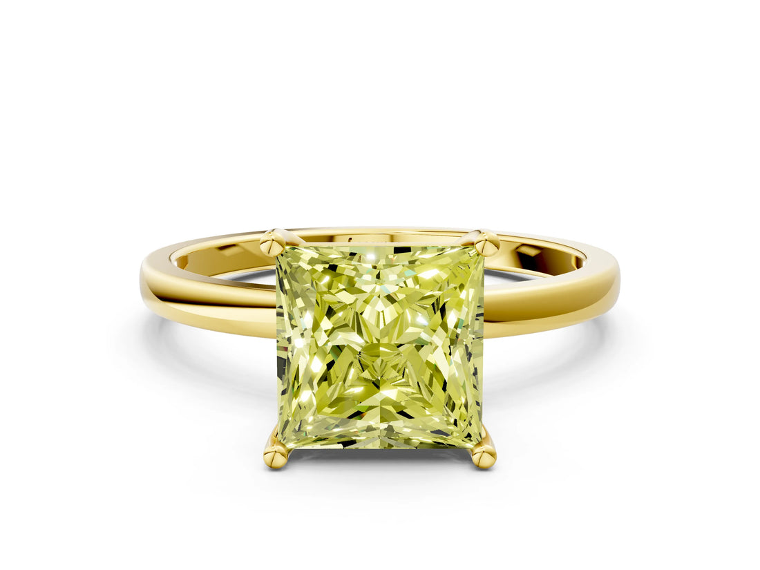 Yellow gold Fancy Yellow Princess Cut Diamond Solitaire Ring with Classic Band and Four-Prong Setting