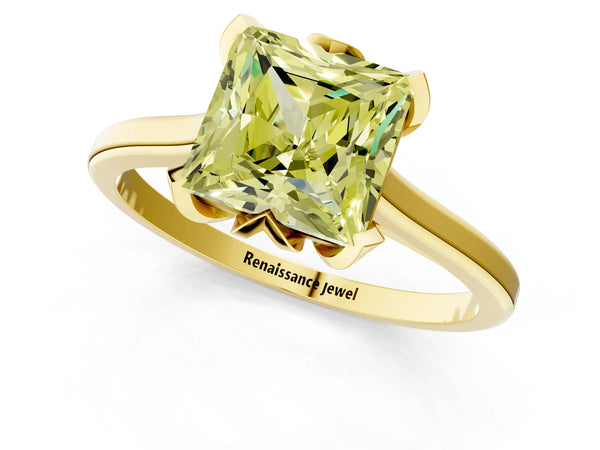 Yellow gold Fancy Yellow Princess Cut Diamond Solitaire Ring with Flower Prong Setting and Classic Band