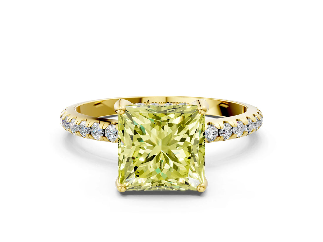 Yellow gold Fancy Yellow Princess Cut Diamond Solitaire Ring with Four-Prong Setting and Pavé Band_3