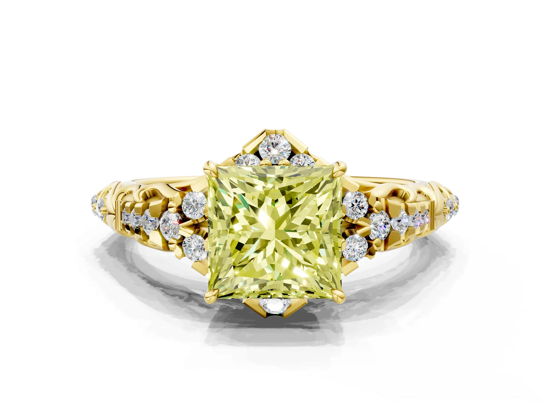 Yellow gold Fancy Yellow Princess Cut Diamond Solitaire Ring with Hidden Halo and Pavé Band_27