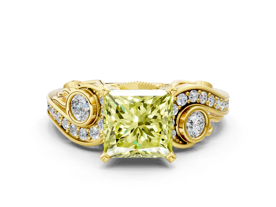 Yellow gold Fancy Yellow Princess Cut Diamond Solitaire Ring with Milgrain Pavé Band and Four-Prong Setting_18