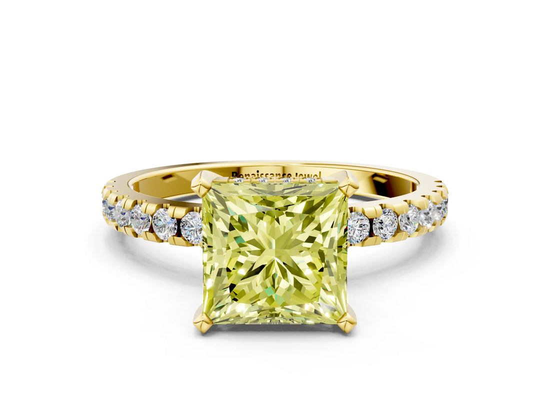 Yellow gold Fancy Yellow Princess Cut Diamond Solitaire Ring with Pavé Band and Four-Prong Setting_17