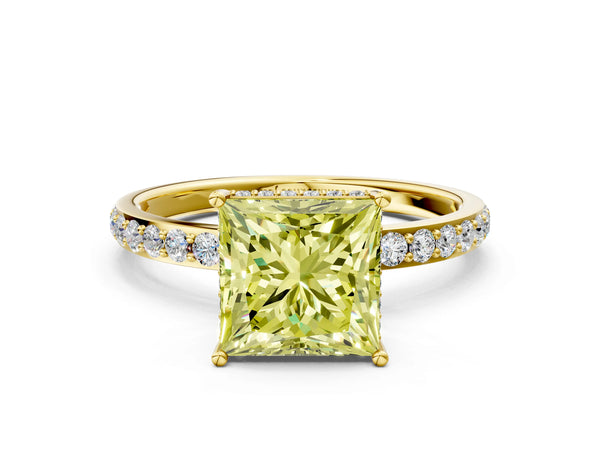 Yellow gold Fancy Yellow Princess Cut Diamond Solitaire Ring with Pavé Band and Hidden Halo
