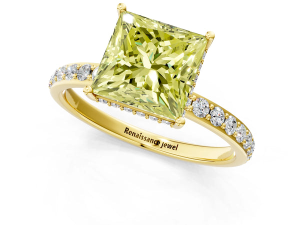 Yellow gold Fancy Yellow Princess Cut Diamond Solitaire Ring with Pavé Band and Hidden Halo