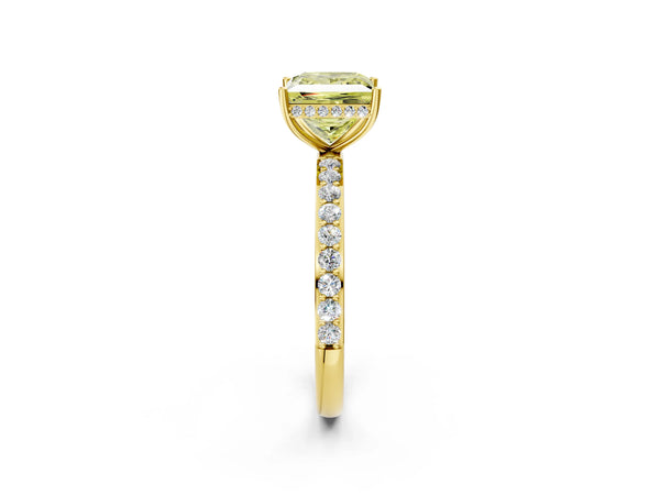 Yellow gold Fancy Yellow Princess Cut Diamond Solitaire Ring with Pavé Band and Hidden Halo