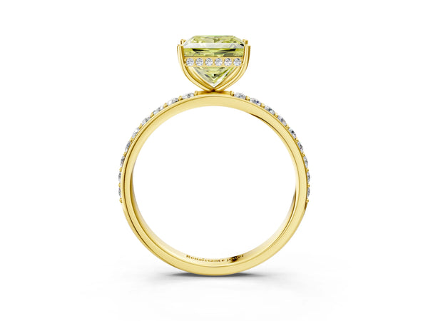 Yellow gold Fancy Yellow Princess Cut Diamond Solitaire Ring with Pavé Band and Hidden Halo