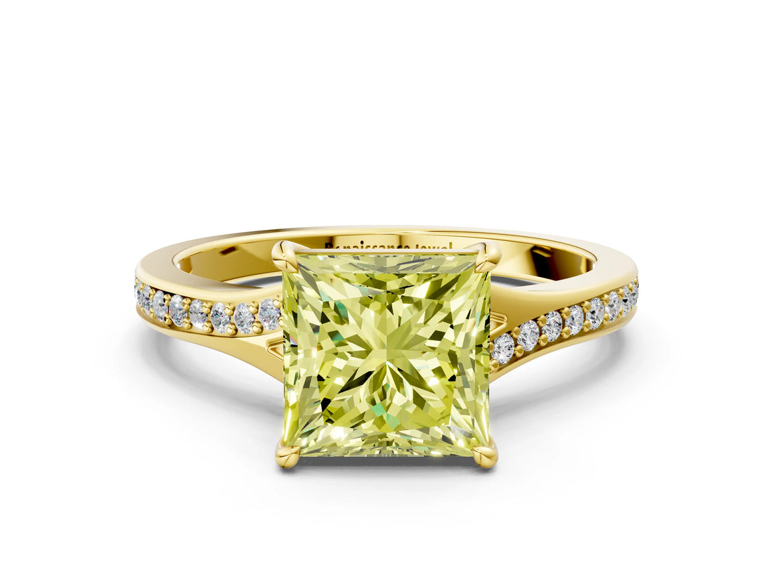 Yellow gold Fancy Yellow Princess Cut Diamond Solitaire Ring with Pavé Band and Prong Setting_12