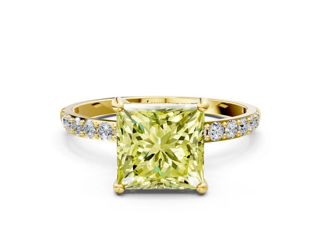 Yellow gold Fancy Yellow Princess Cut Diamond Solitaire Ring with Pave Band and Four Prong Setting_12