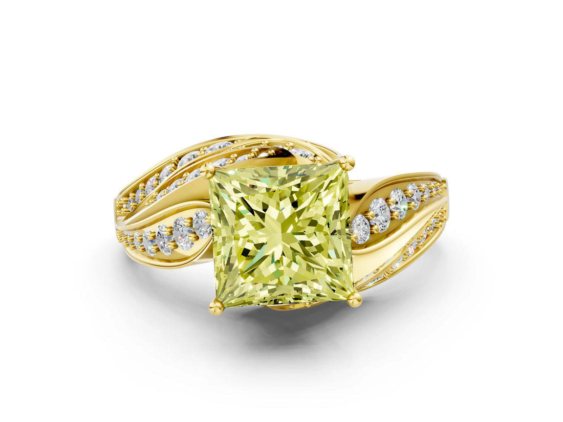Yellow gold Fancy Yellow Princess Cut Diamond Solitaire Ring with Prong Setting and Twisted Pavé Band
