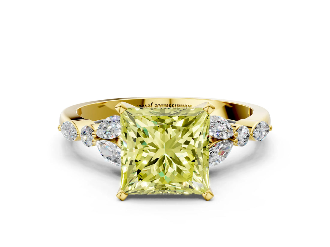 Yellow gold Fancy Yellow Princess Cut Diamond Solitaire Ring with Side Stones and Four-Prong Setting_17