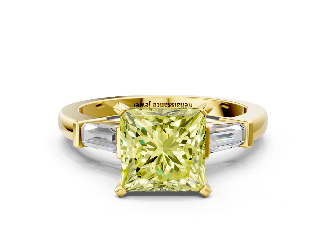 Yellow gold Fancy Yellow Princess  Cut Diamond Solitaire Ring with Tapered Baguette Accents and Four-Prong Setting