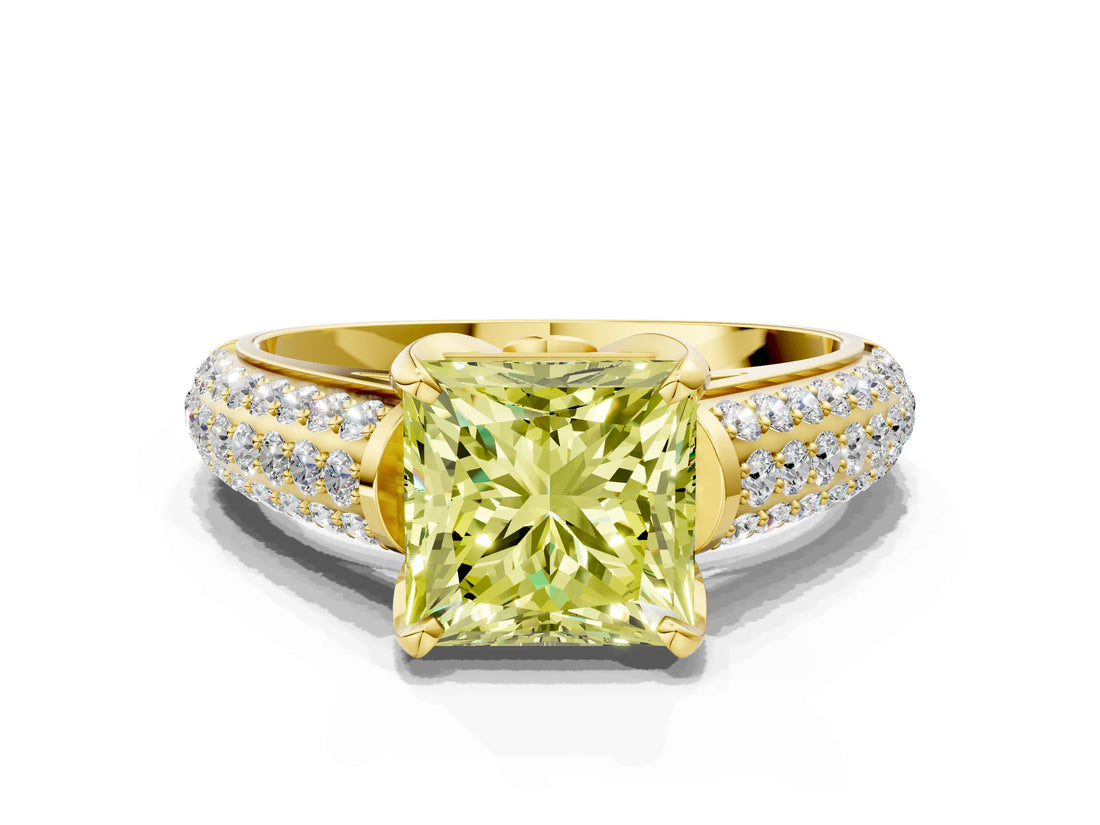 Yellow gold Fancy Yellow Princess Cut Diamond Solitaire Ring with Three-Row Pavé Band and Four-Prong Setting_17