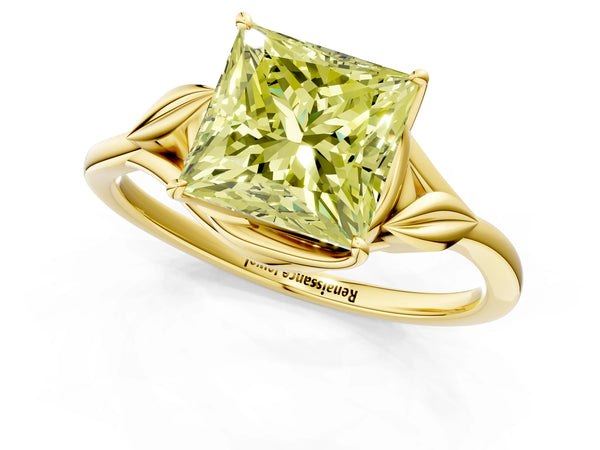 Yellow gold Fancy Yellow Princess Cut Diamond Solitaire Ring with Twist Band and Four-Prong Setting