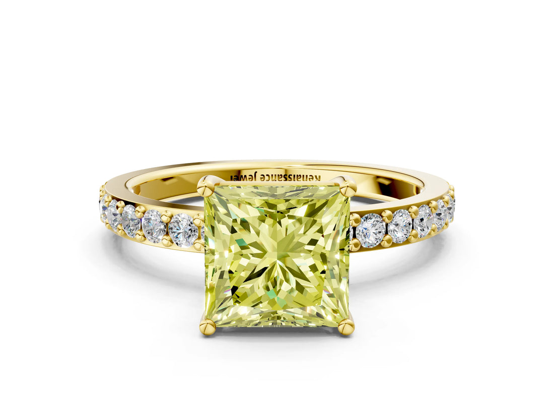 Yellow gold Fancy Yellow Princess  Cut Diamond Solitaire with Pave Band and Four-Prong Setting 1