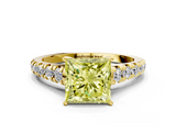 Yellow gold Fancy Yellow Princess  Cut Diamond Solitaire with Pave Band and Four-Prong Setting