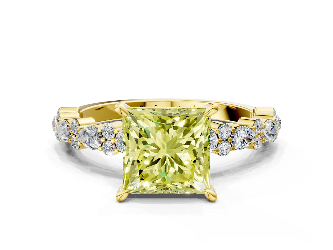 Yellow gold Fancy Yellow Princess Cut Diamond Solitaire with Side Stones, Pave Band, Four-Prong Setting_46