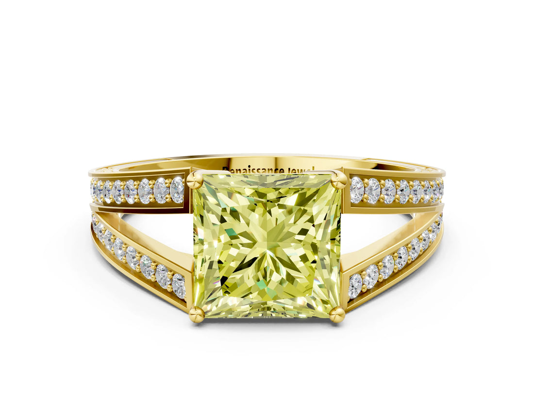 Yellow gold Fancy Yellow Princess Cut Diamond Split Shank Ring with Pavé Band and Four-Prong Setting_16