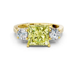 Yellow gold Fancy Yellow Princess Cut Diamond Three-Stone Engagement Ring with Prong Setting and Pavé Band