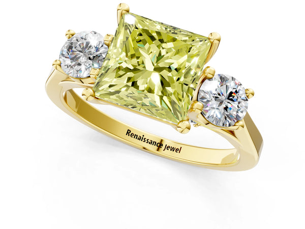 Yellow gold Fancy Yellow Princess Cut Diamond Three-Stone Engagement Ring with Prong Setting and Pavé Band