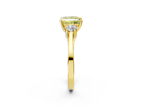 Yellow gold Fancy Yellow Princess Cut Diamond Three-Stone Engagement Ring with Prong Setting and Pavé Band