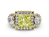 Yellow gold Fancy Yellow Princess Cut Diamond Three-Stone Halo Ring with Prong Setting and Pavé Accents