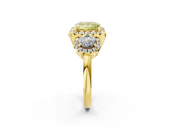 Yellow Gold Princess Cut Three Stone Halo Engagement Ring Setting for Fancy Yellow Center