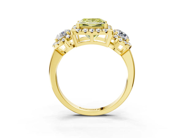 Yellow Gold Princess Cut Three Stone Halo Engagement Ring Setting for Fancy Yellow Center