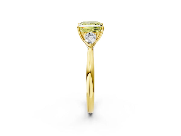 Yellow Gold Princess Cut Three Stone Pear Side Engagement Ring Setting for Fancy Yellow Center