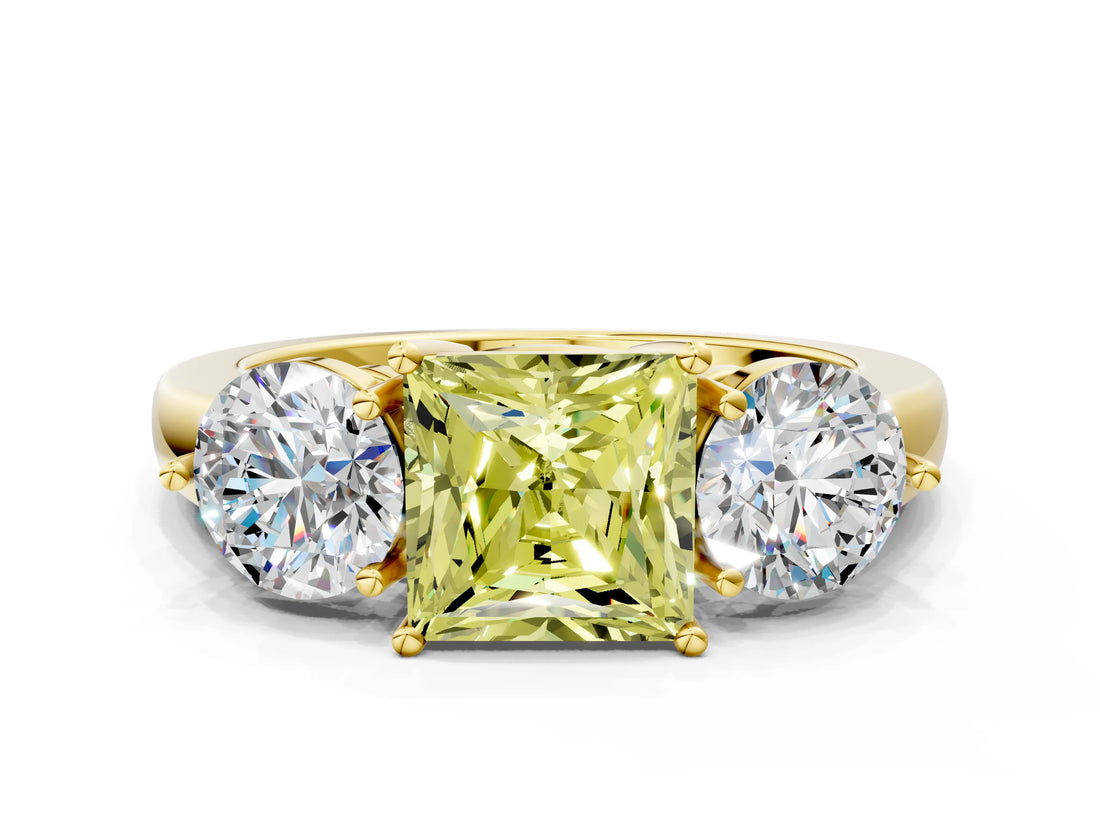 Yellow gold Fancy Yellow Princess Cut Diamond Three-Stone Ring with Prong Setting and Classic Band_46