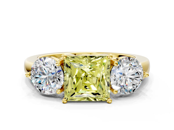 Yellow gold Fancy Yellow Princess Cut Diamond Three-Stone Ring with Prong Setting and Classic Band