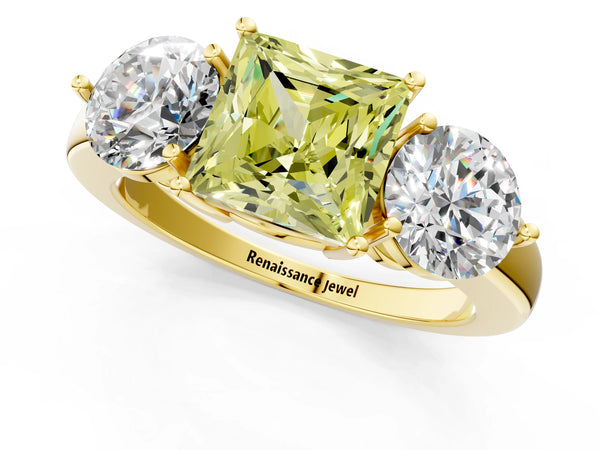 Yellow gold Fancy Yellow Princess Cut Diamond Three-Stone Ring with Prong Setting and Classic Band
