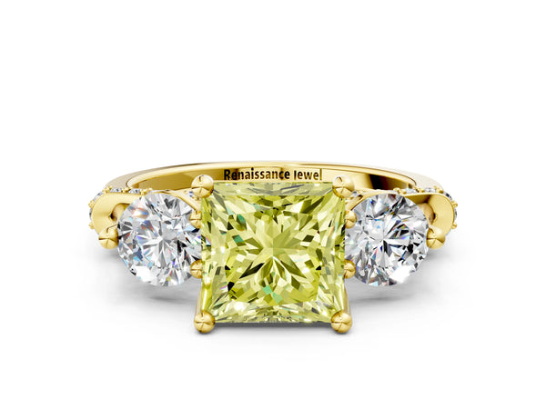 Yellow Gold Princess Cut Curved Pave Three Stone Engagement Ring Setting for Fancy Yellow Center
