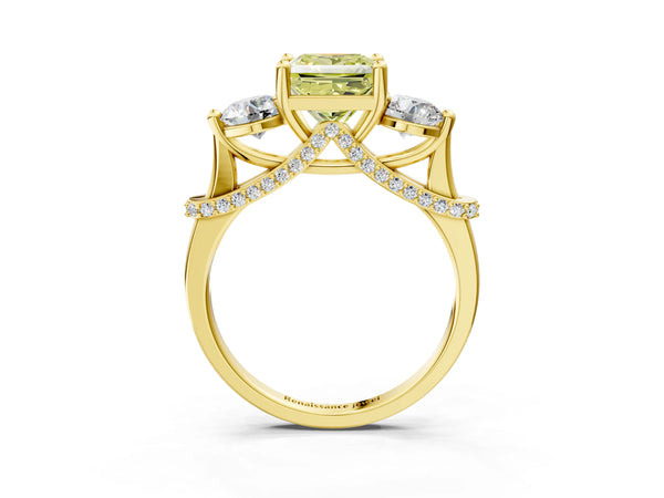 Yellow Gold Princess Cut Curved Pave Three Stone Engagement Ring Setting for Fancy Yellow Center