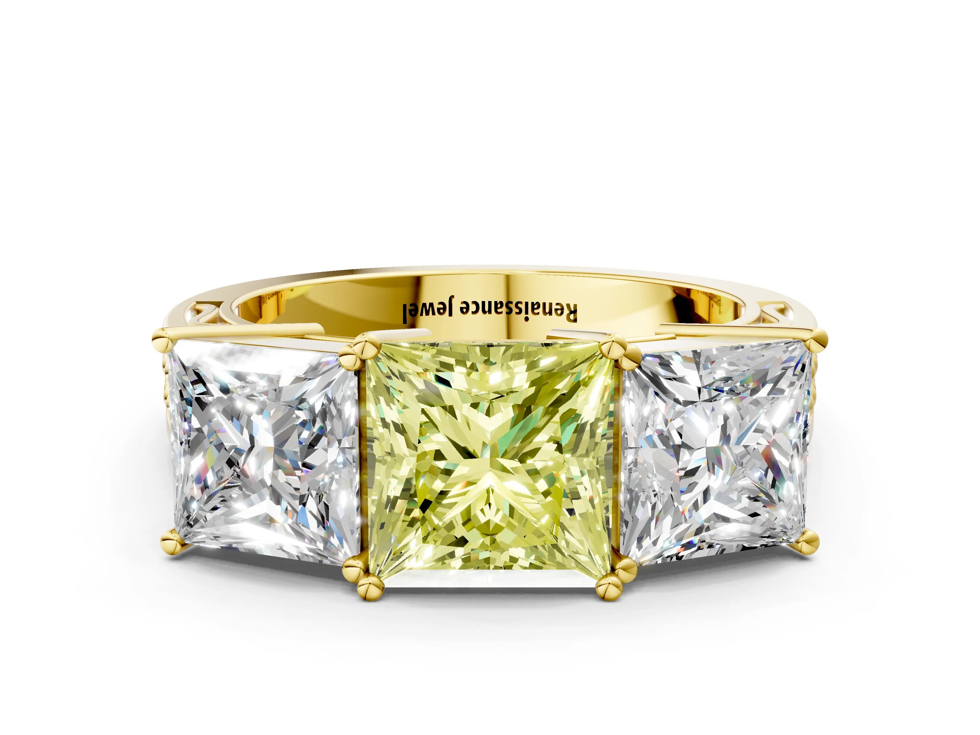 Yellow gold Fancy Yellow Princess Cut Diamond Three-Stone Ring with Prong Setting and Textured Band
