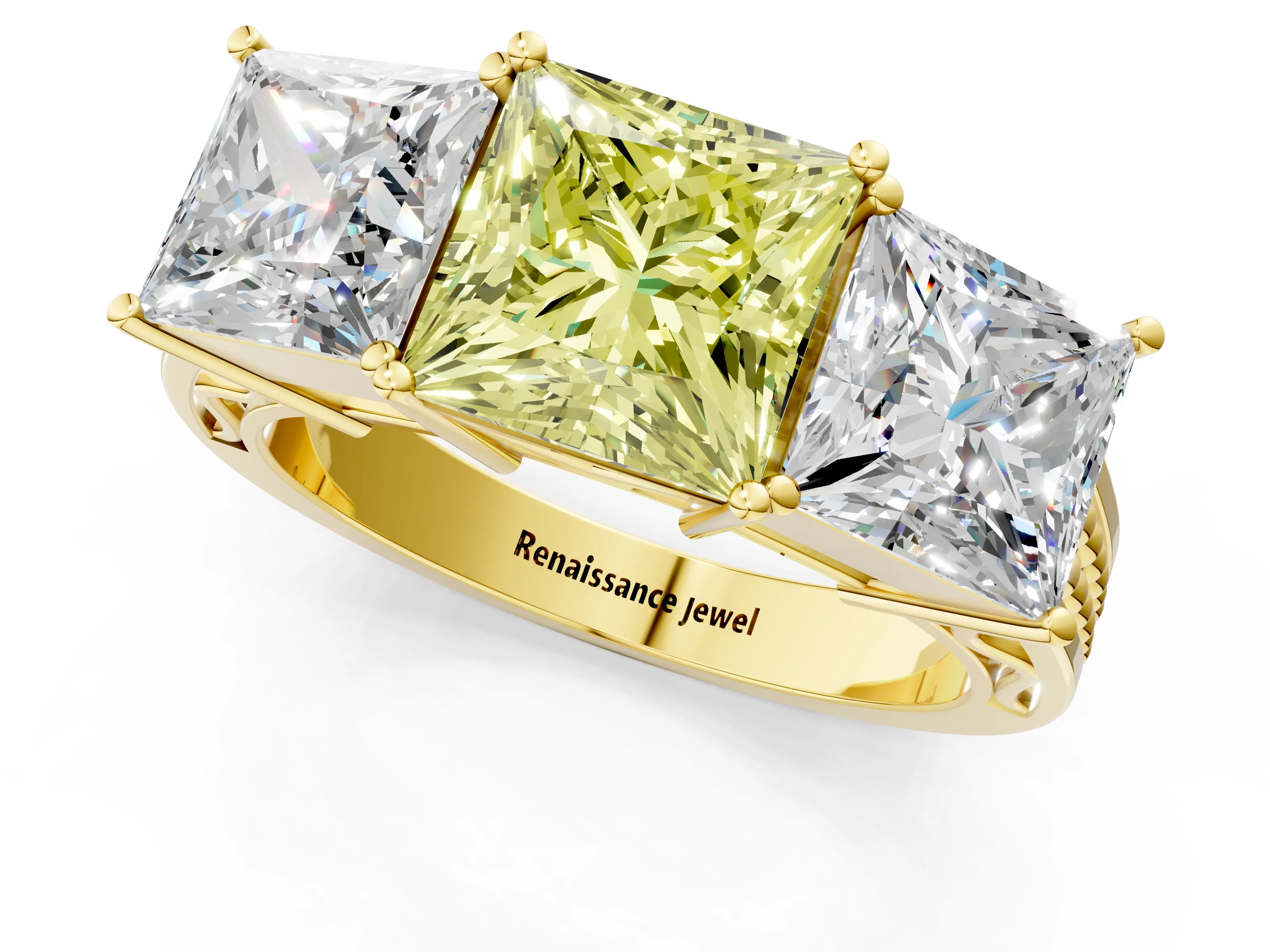 Yellow gold Fancy Yellow Princess Cut Diamond Three-Stone Ring with Prong Setting and Textured Band_1