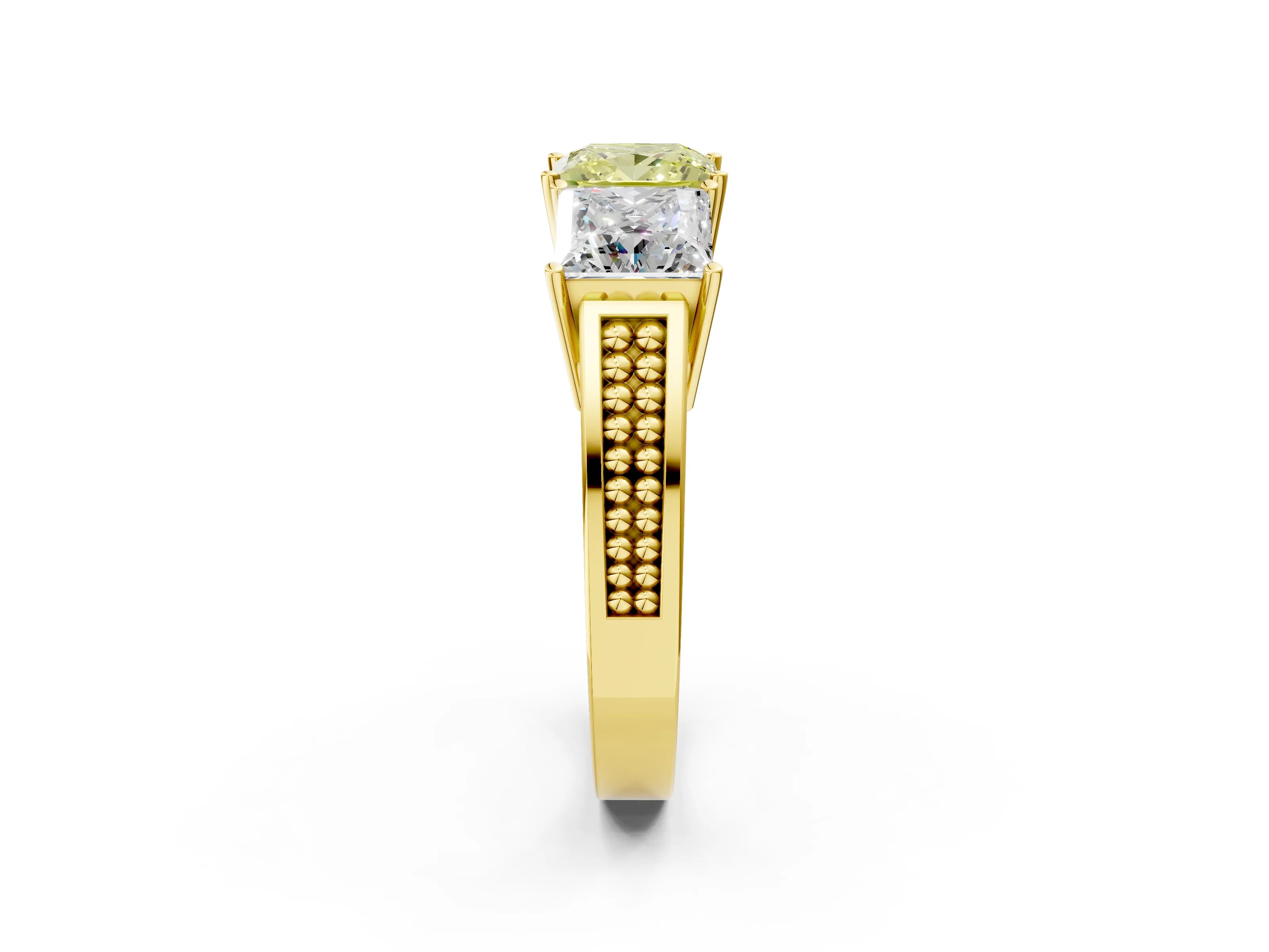 Yellow gold Fancy Yellow Princess Cut Diamond Three-Stone Ring with Prong Setting and Textured Band_2