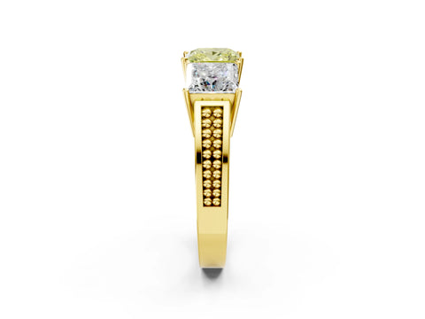 Yellow gold Fancy Yellow Princess Cut Diamond Three-Stone Ring with Prong Setting and Textured Band_2