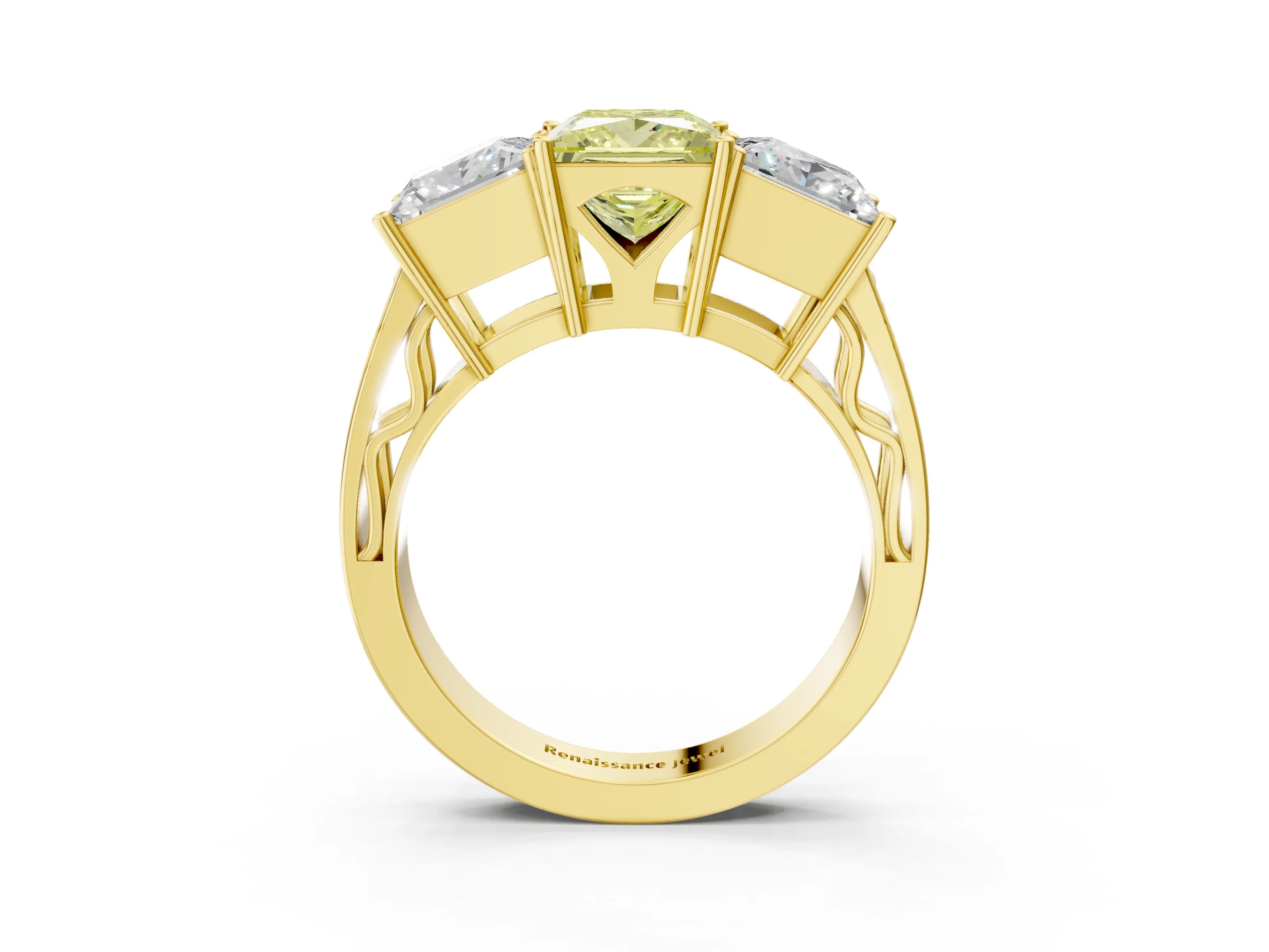 Yellow gold Fancy Yellow Princess Cut Diamond Three-Stone Ring with Prong Setting and Textured Band_3