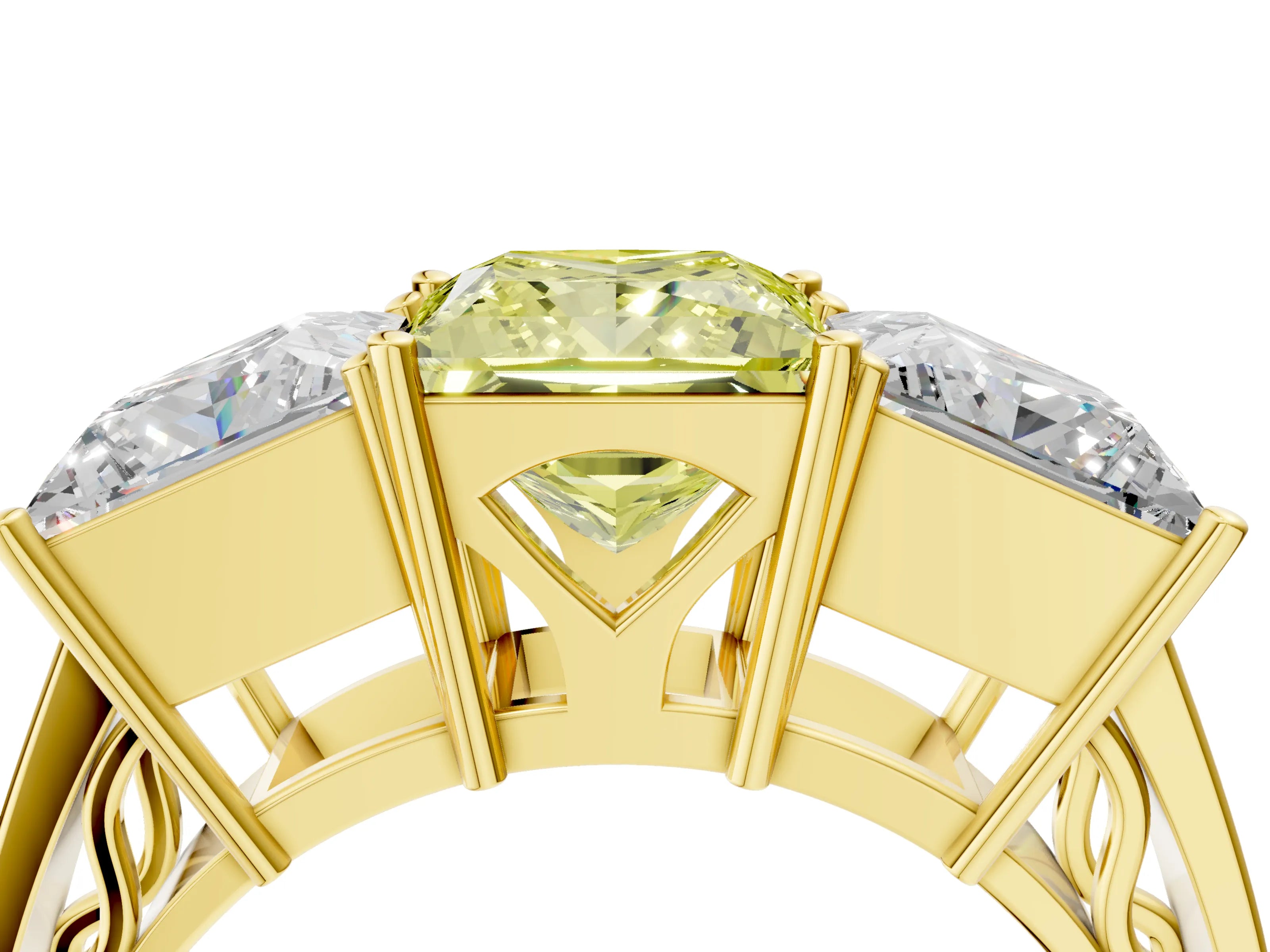 Yellow gold Fancy Yellow Princess Cut Diamond Three-Stone Ring with Prong Setting and Textured Band_4