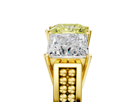 Yellow gold Fancy Yellow Princess Cut Diamond Three-Stone Ring with Prong Setting and Textured Band_5