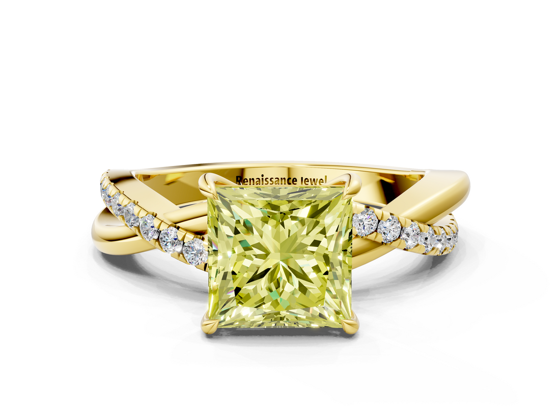 Yellow gold Fancy Yellow Princess  Cut Diamond Twisted Band with Pavé Setting and Four-Prong Setting