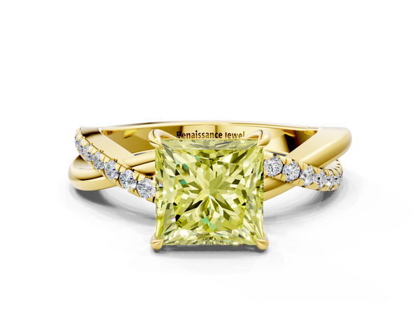 Yellow gold Fancy Yellow Princess  Cut Diamond Twisted Band with Pavé Setting and Four-Prong Setting