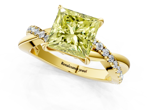 Yellow gold Fancy Yellow Princess  Cut Diamond Twisted Band with Pavé Setting and Four-Prong Setting