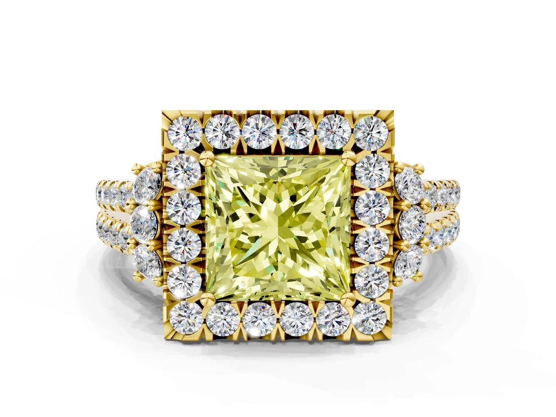 Yellow gold Fancy Yellow Princess  Cut Double Halo Diamond Engagement Ring with Pave Band and Four-Prong Setting_41