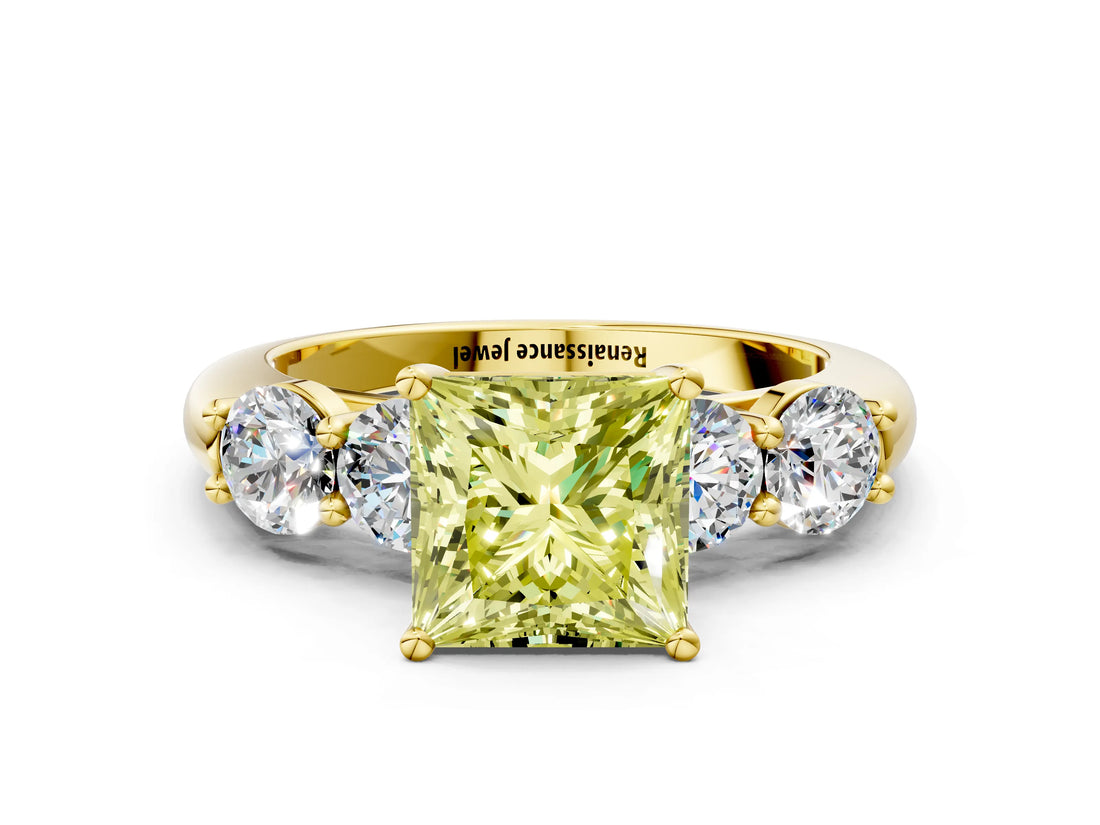 Yellow gold Fancy Yellow Princess  Cut Five-Stone Prong Set Diamond Ring with Classic Band_34