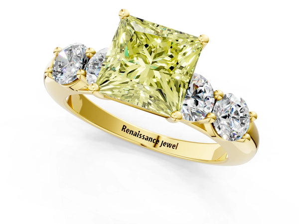 Yellow gold Fancy Yellow Princess  Cut Five-Stone Prong Set Diamond Ring with Classic Band