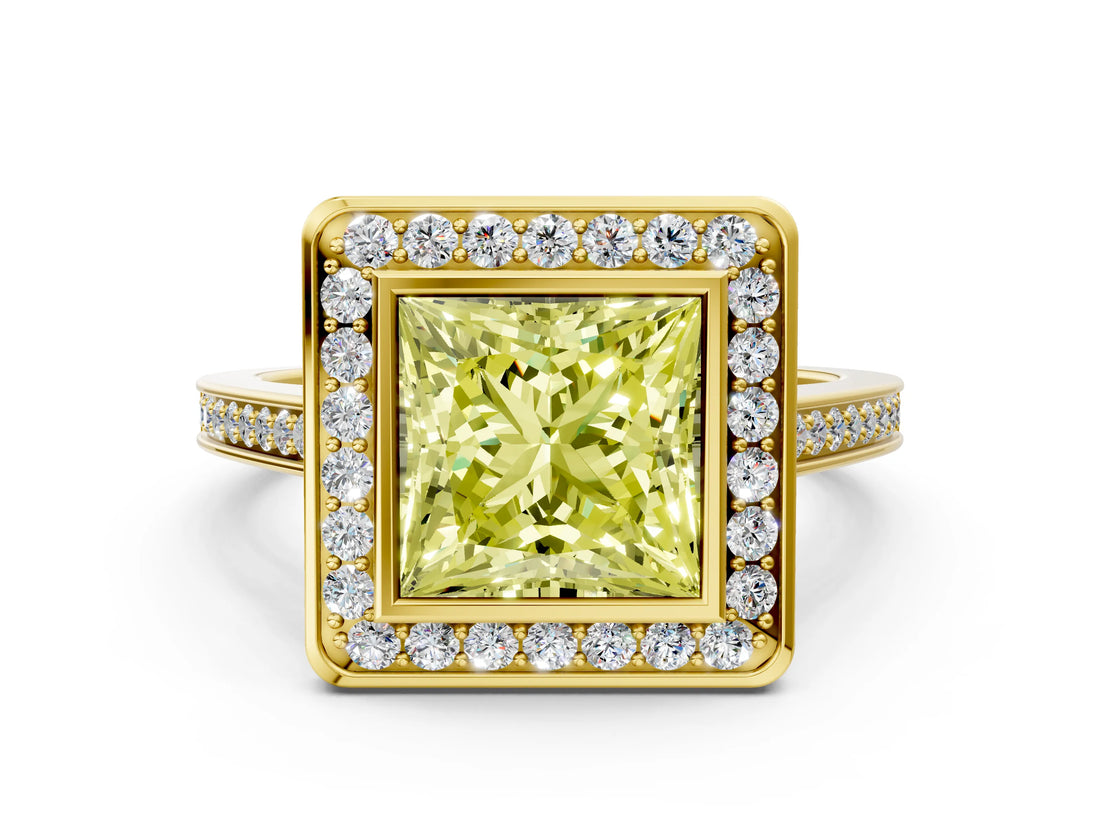 Yellow gold Fancy Yellow Princess Cut Halo Bezel Diamond Pave Band Ring