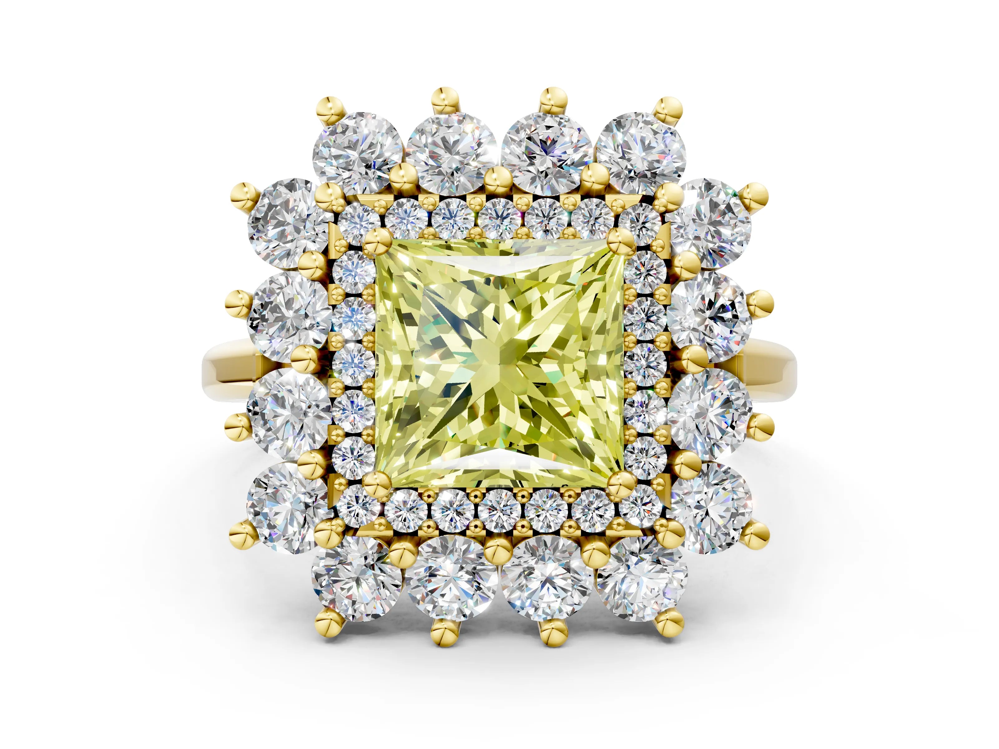 Yellow gold Fancy Yellow Princess Cut Halo Cluster Diamond Ring with Pave Band and Four-Prong Setting